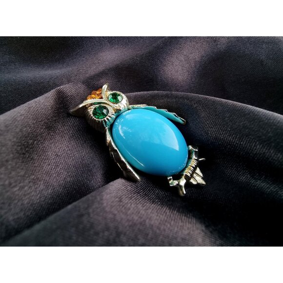 Vintage Blue Cabochon Green Eyes Citrine Rhinestones Gold Toned Owl Animal Brooc - Picture 4 of 6